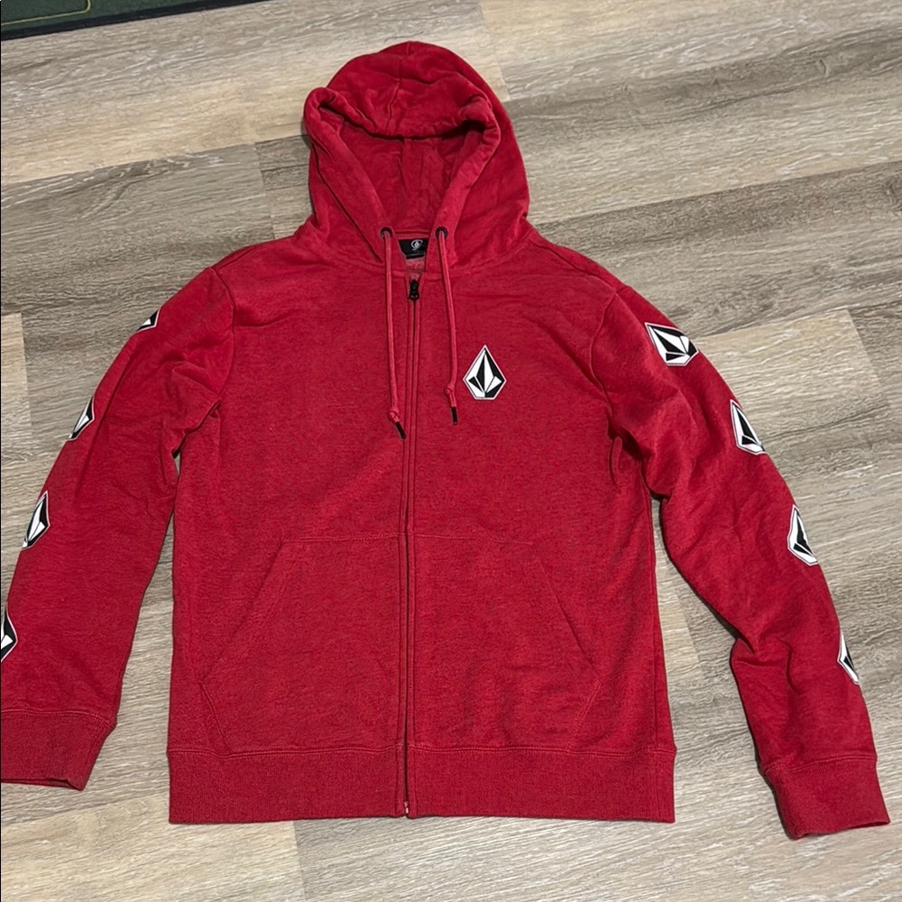 GUC Volcom Mens Red Hoodie with Logo Accents on sleeves